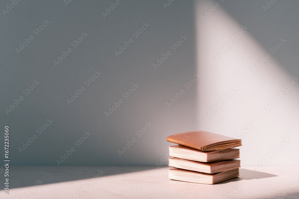 Poster stack of books resting on surface, illuminated by soft light, cr