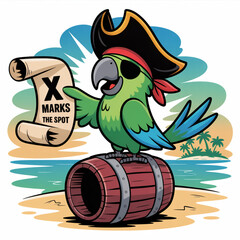Colorful cartoon parrot dressed as a pirate with a hat and eye patch, holding a treasure map. Isolated on white, ideal for kids, adventure, and pirate-themed designs.