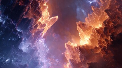 Jagged rock formations resembling crystalline structures set against a cosmic backdrop with vibrant color montages and s