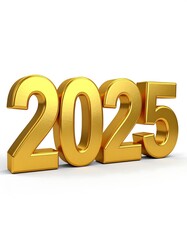 A three-dimensional, polished gold depiction of the year 2025, set against a pure white background, exuding a celebratory and optimistic mood.