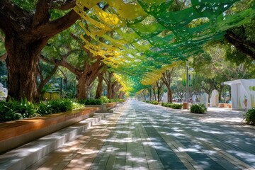 Serene Urban Pathway with Colorful Canopy, Lush Green Trees and Sunlight Filtering Through Vibrant Decorative Fabrics in a Peaceful City Setting