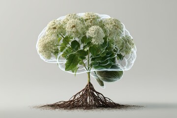 Organic Brain Growth - Hydrangea Blooms Flourish Within Transparent Cranial Structure, Rooted Firmly.