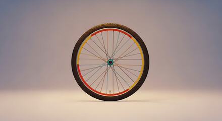 Obraz premium Close-up front view of a bicycle wheel with colorful spokes against a soft-focus background, highlighting its intricate design and mechanics