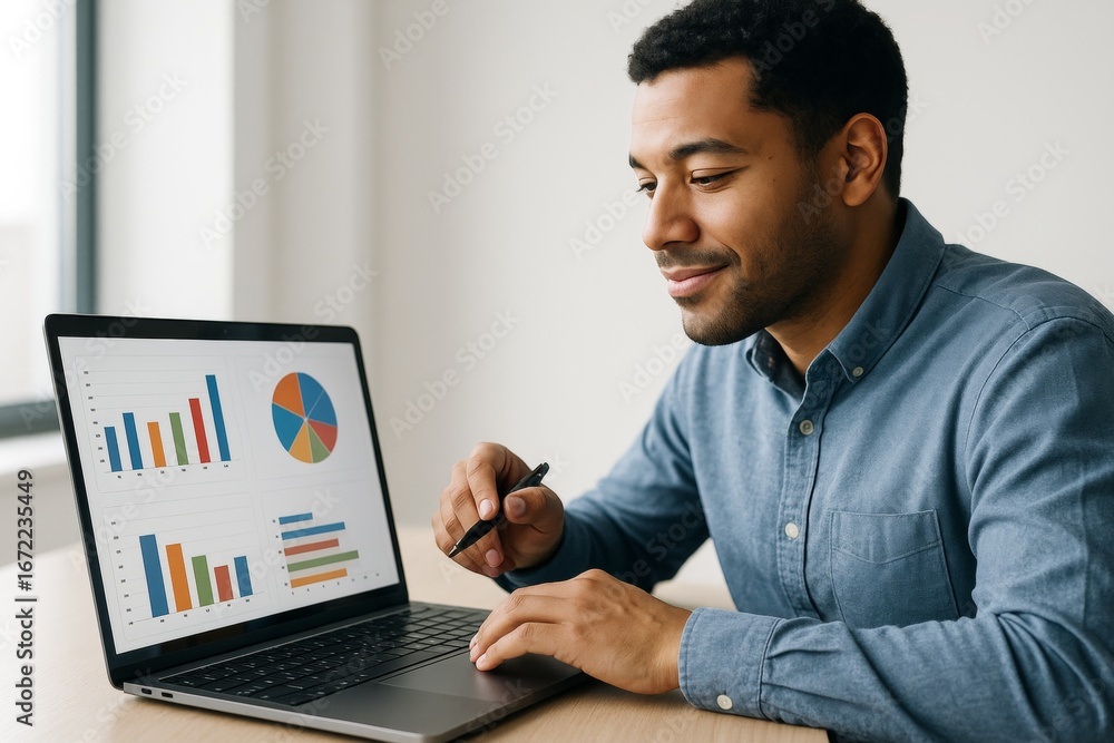 Poster focused businessman analyzing colorful bar and pie charts on laptop in bright office environment wit