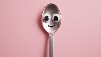 A metallic spoon with googly eyes and a smile, set against a pastel pink backdrop