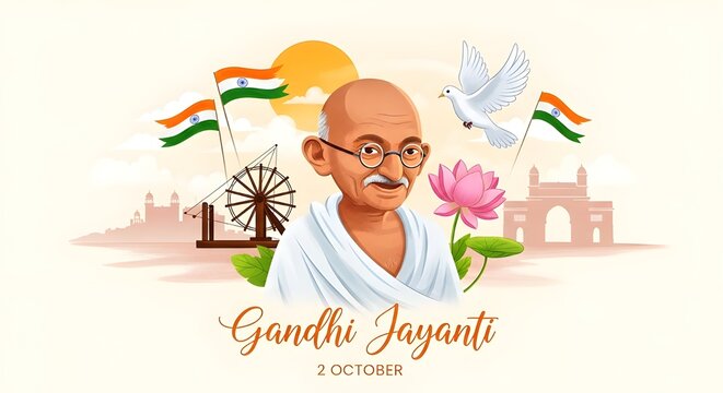 A Detailed Vector Illustration of Mahatma Gandhi with Monuments and the Charkha.