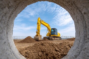 Obraz premium Excavator Digging Soil on a Construction Site Seen Through a Concrete Tunnel Frame