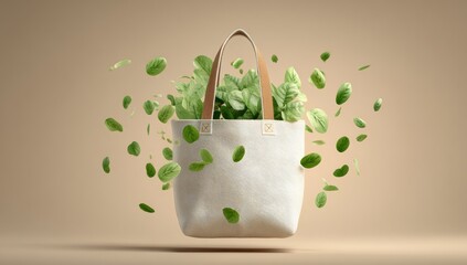 Beige backdrop showcases a white tote bag, filled with floating green leaves