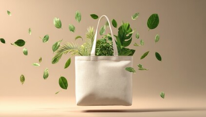 Beige studio shot of a white tote bag filled with foliage