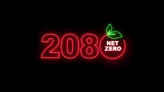"Net Zero Emissions 2080 Neon Sign Animation, Climate Change, Carbon Neutral, Green Energy, Sustainable Development Concept on Transparent Background"