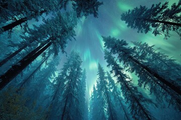Obraz premium Mystical forest, aurora borealis