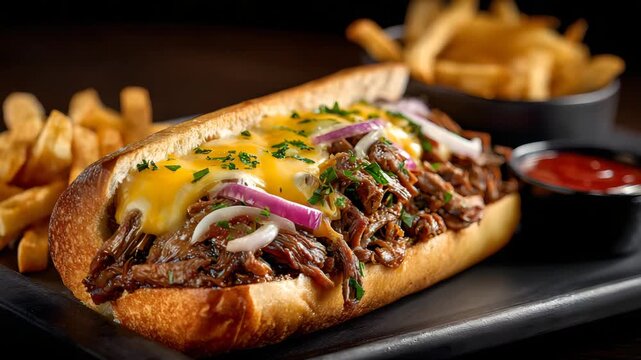 Ultra HD Delicious cheesesteak sandwich with melted cheese, sliced red onion, and parsley, served with french fries and ketchup on a dark plate, cheesesteak videography video