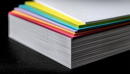 A stack of paper showing color edges against a dark surface, textured paper