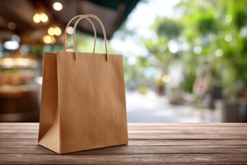 Brown paper shopping bag on wooden table, out of focus background
