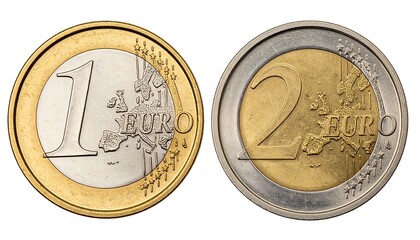 Two euro coins, one and two euro denominations, showcasing the European Union map, depicted against a plain white background.