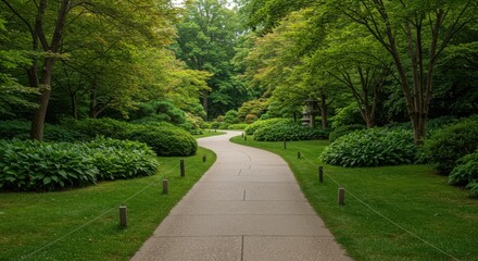 Fototapeta premium Serene winding path through lush green forest garden