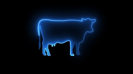 Blue neon cow silhouette glowing on black background cattle bovine