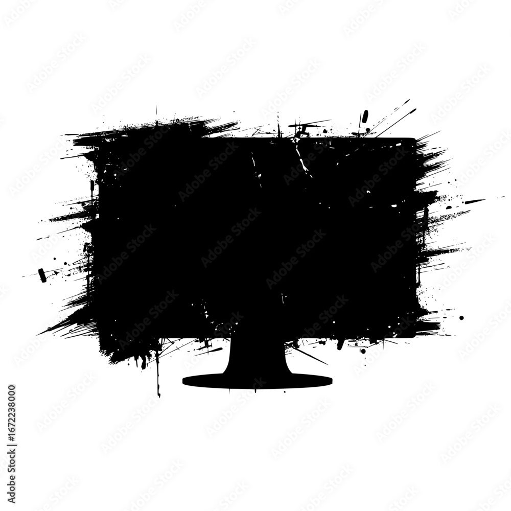 Poster a bold monochrome computer monitor silhouette, splashed with a dynamic splatter effect, conveying th