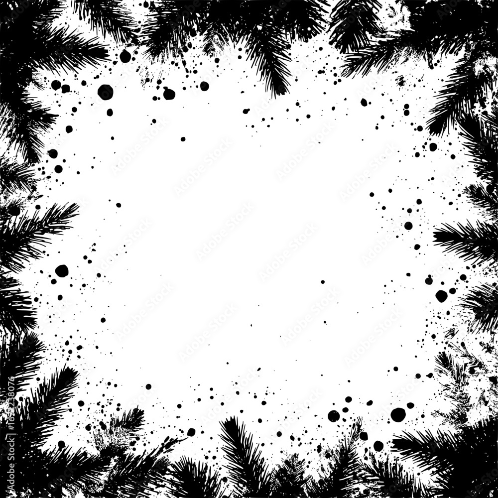 Poster an artistic rendering featuring a frame of pine needles, artfully embellished with dynamic black spl