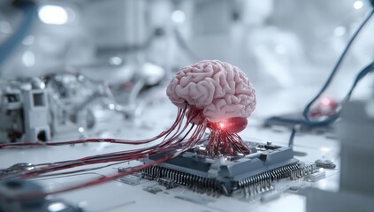 3D rendering of a brain connected to a circuit board