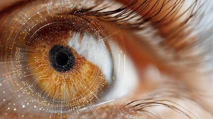 Detailed macro shot of human eye enhanced with futuristic digital interface elements, representing artificial intelligence, biometric security and advanced technology concepts