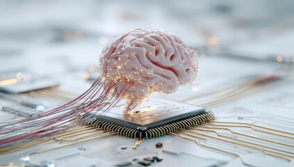 A 3D rendering of a human brain atop a circuit board.  Neural connections depicted