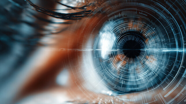 Advanced cybernetic eye visualization featuring luminous blue holographic elements and digital circuitry, perfect for AI, technology and science fiction themed projects