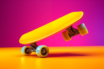 Bright yellow skateboard with neon gradient background.