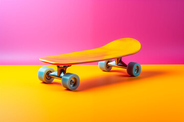 Bright yellow skateboard with neon gradient background.