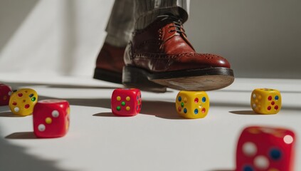 Naklejka premium Foot stepping over dice on a light background