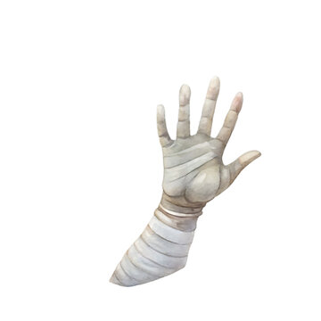 Undead mummy hand reaching out wrapped in ancient bandages against a stark void halloween watercolor painting transparent background