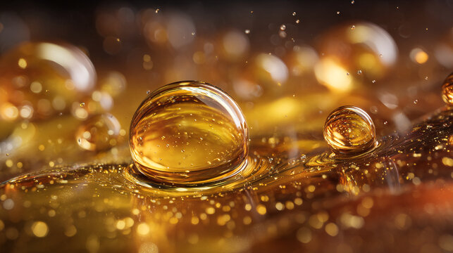 A close up view of golden liquid droplets with a blurred background and reflective surfaces