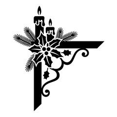 Elegant Christmas Corner Design with Holly Berries Candles and Pine Needles a Festive Black and White Illustration