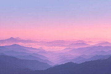 Fototapeta premium Serene pastel sunset over layered mountain ranges, clouds nestled in valleys, creating a dreamy, hazy atmosphere