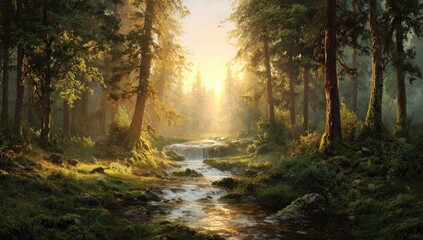 Fototapeta premium Sunrise in a misty forest, creek flows through