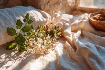 Soft Sunlight Illuminates Fresh Herbs and Delicate Flowers on a Cozy Linen Surface, Creating a Serene and Inviting Atmosphere for Natural Still Life Photography