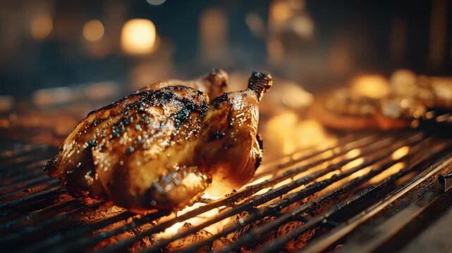 Ultra HD Grilled chicken on a barbecue grill with flames, perfect for a summer picnic or outdoor cooking event, closeup shot with bokeh, grilling whole chicken video