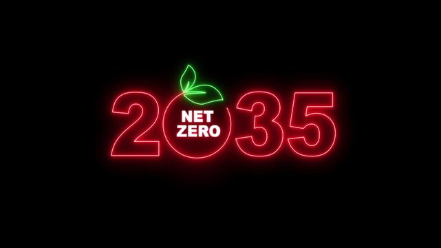 "Net Zero Emissions 2035 Neon Sign Animation, Climate Change, Carbon Neutral, Green Energy, Sustainable Development Concept on Transparent Background"