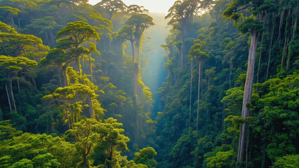 Lush Green Rainforest Canopy with Morning Sunlight Streaming Through