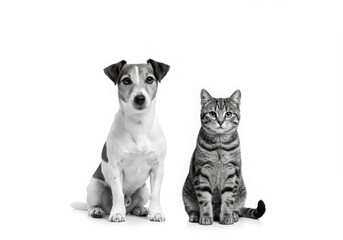 Obraz premium Cute jack russell terrier dog and tabby cat sitting together on white background