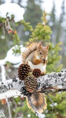 Obraz premium A fluffy red squirrel, perched on a snowy branch, enjoys a pine cone meal, showcasing winter wildlife.