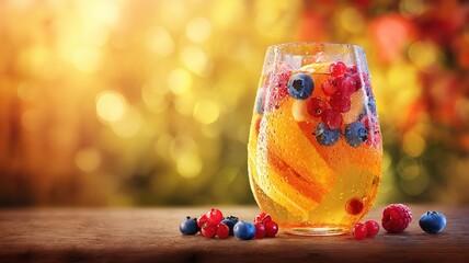 Sangria Glass with Citrus and Berries for Spain National Day Celebration Against Warm Autumn Background with Festive Seasonal Vibe