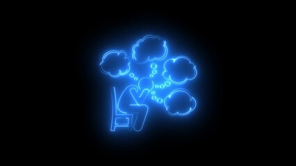 Blue neon outline of a person sitting on a chair with thought bubbles abstract
