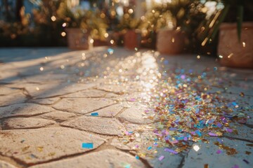 Sparkling Glitter and Confetti on a Sunlit Outdoor Pavement Surrounded by Greenery, Perfect for Celebrations and Festive Events