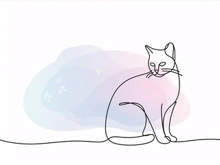 Minimalist Line Art Cat on Pastel Background