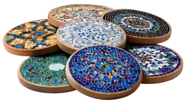 Colorful mosaic coasters add a touch of artistry to any decor, handmade and unique home goods isolated on white background