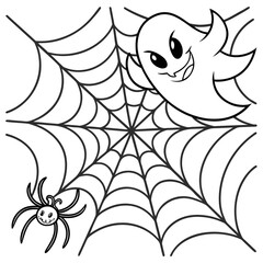 Halloween illustration of ghost and cobwebs.vector illustration of coloring page black and white