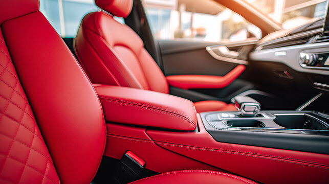 Modern high-performance vehicle interior featuring vibrant red leather upholstery with meticulous stitching and advanced dashboard technology, showcasing automotive excellence and luxury design
