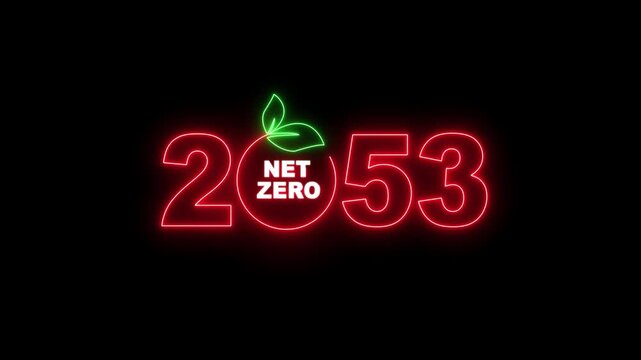 "Net Zero Emissions 2053 Neon Sign Animation, Climate Change, Carbon Neutral, Green Energy, Sustainable Development Concept on Transparent Background"