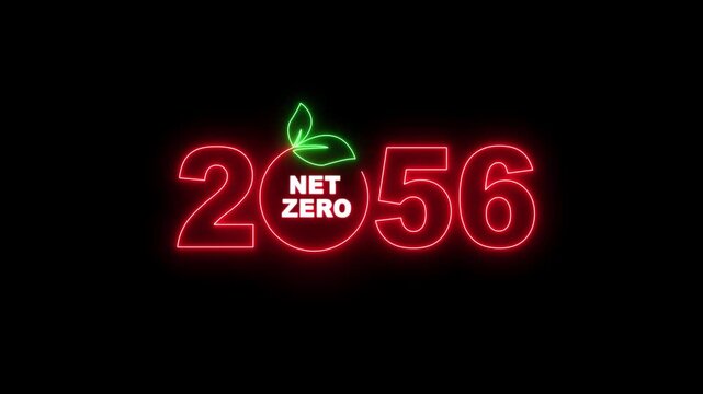 "Net Zero Emissions 2056 Neon Sign Animation, Climate Change, Carbon Neutral, Green Energy, Sustainable Development Concept on Transparent Background"